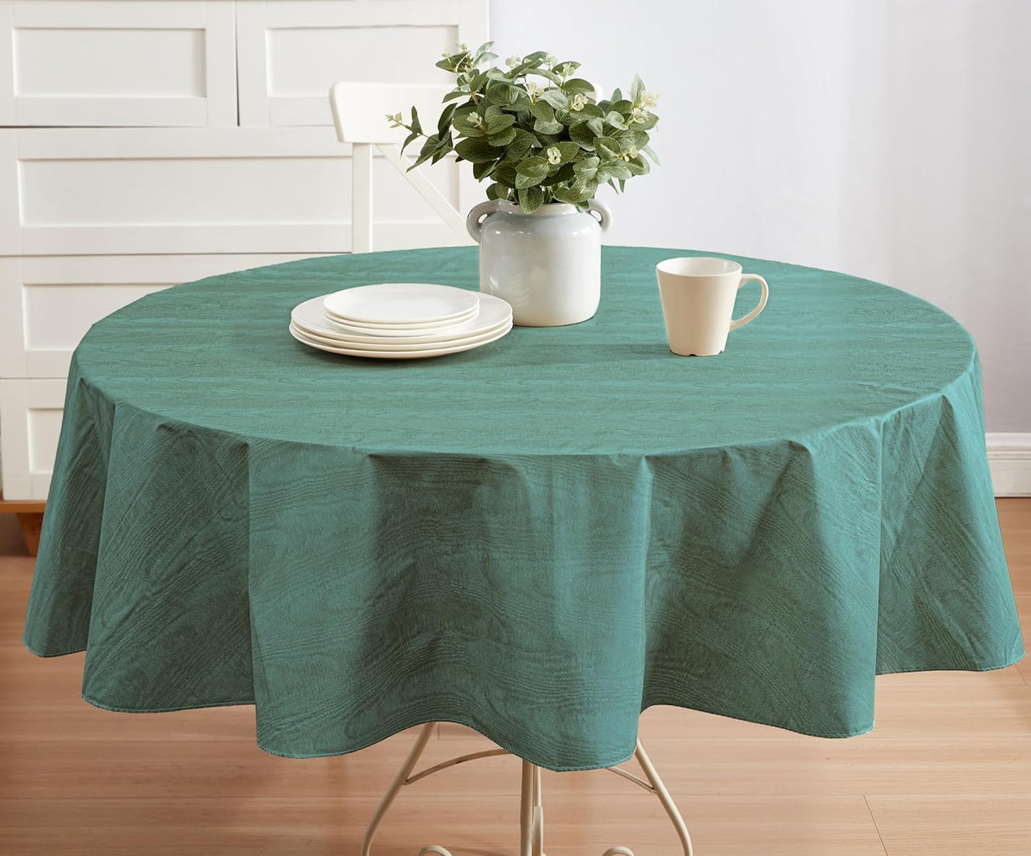Newbridge Vinyl Flannel Backed Tablecloth, 70 inch Round, Hunter Green Moire Wavy Solid Design, Heavyweight Indoor Outdoor Waterproof Table Cover, Easy Care Wipe Clean