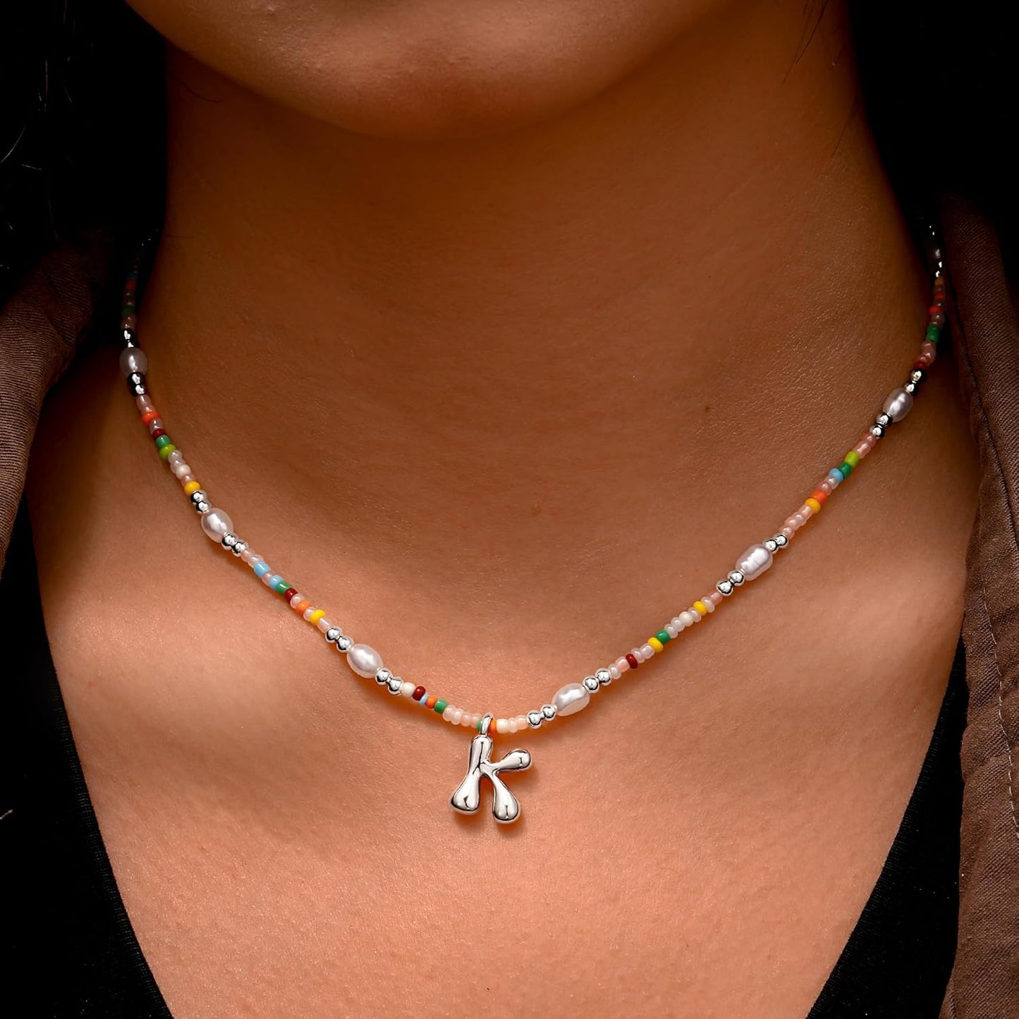 Ritach Initial Necklaces for Women Girls - Christmas Gifts for Grandkids Light Colorful Beaded Pearl Initial Necklace Gold/Silver Bubble Pendant Letter Necklace Stocking Stuffers for Teen Girls Women