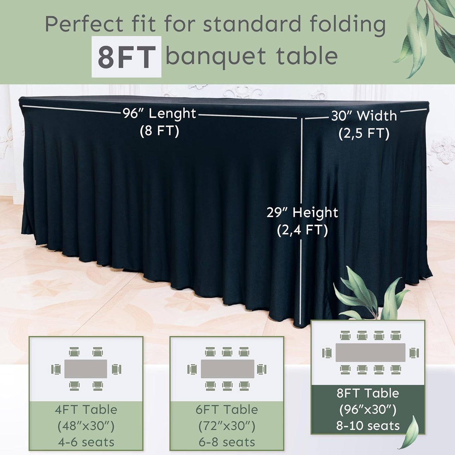 Table Skirt for Rectangular Tables 8ft - Spandex TableCovers for Standard 8 Foot Table - One Piece Fitted Elastic Tablecloth - Wrinkle Resistant Ruffles Design for Weddings, Party, Events (Black)