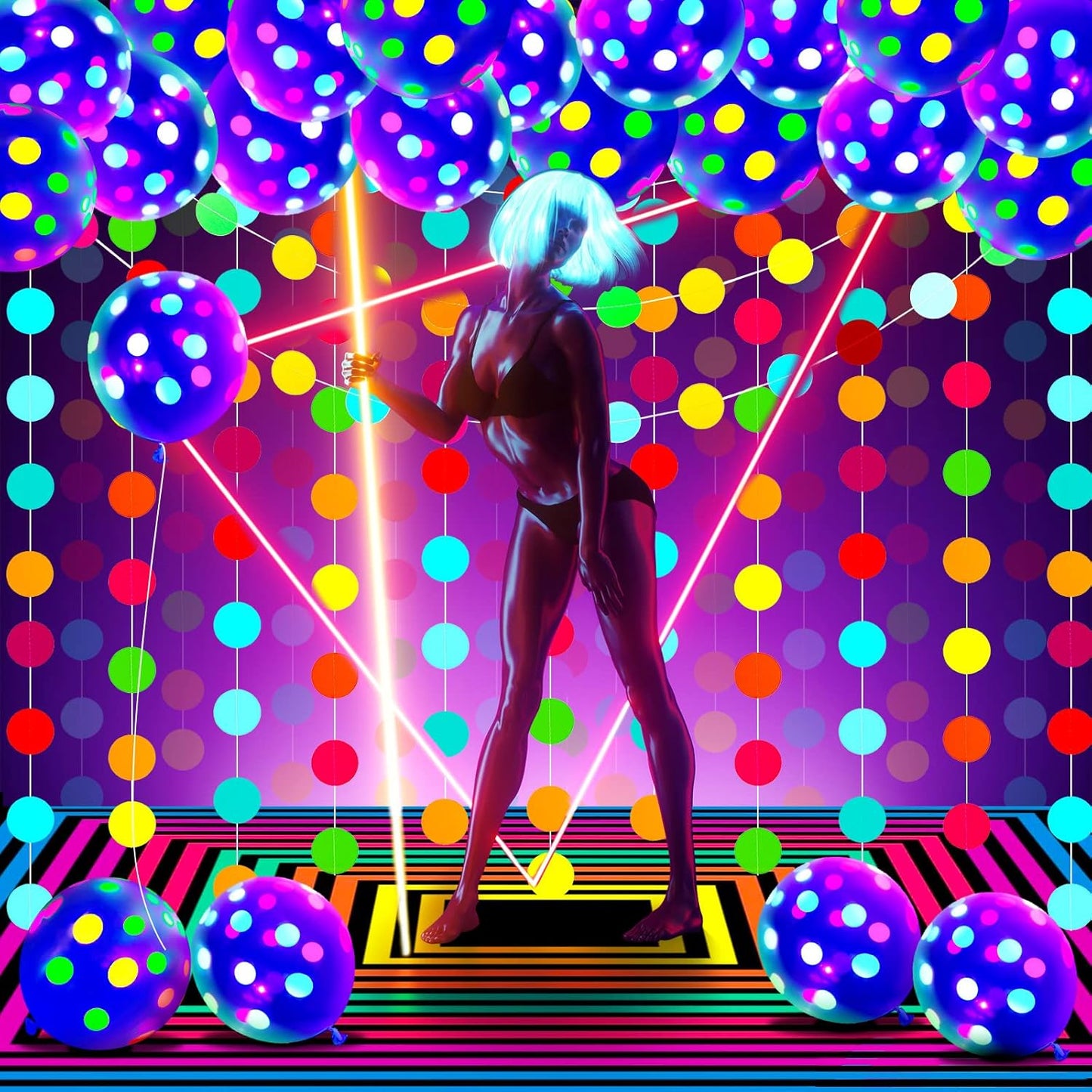 32 Pcs Glow in The Dark Party Supplies Christmas Neon Party Favors with 25 Fluorescent Balloon 6 Rolls 98.4 ft UV Blacklight Luminous Tape 14.4 ft Neon Streamer Garland for Adults(Clear Big Dot)