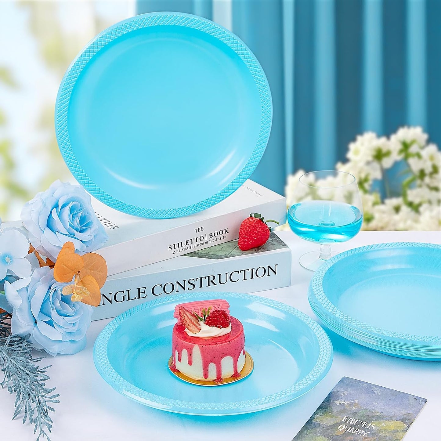 WELLIFE Light Blue Party Plates 10 Inch -150 Count, Disposable Plastic Baby Blue Dinner Plates for Party Dessert Cake Appetizer Baby Shower