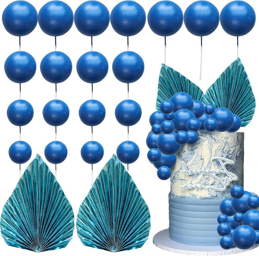 Ephlyn 28Pcs Paper Palm Fan Cake Topper Balls Cake Pick for Baby Shower Wedding Bridal Shower Birthday Party DIY Party Cake Decorations Supplies Dark Blue