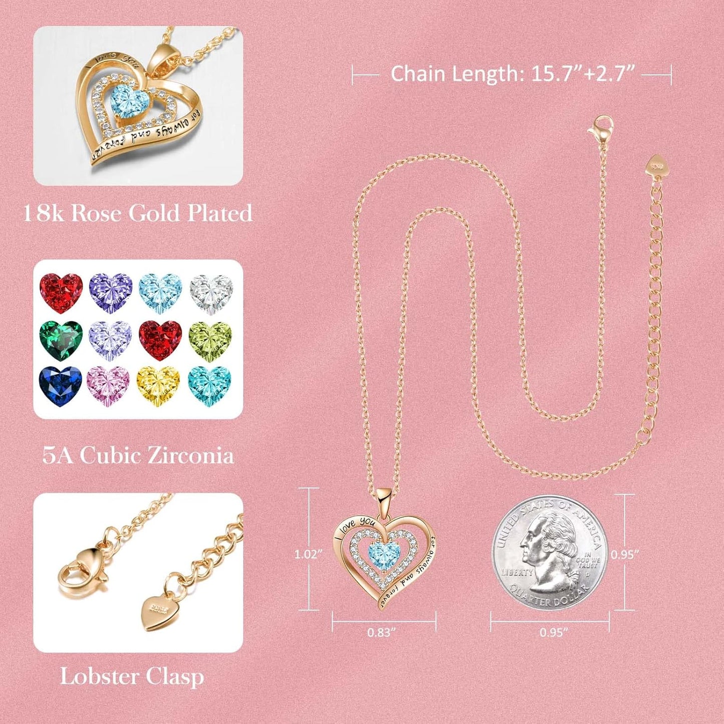 REDBEE Necklaces for Women Birthstone Heart Necklace Jewelry for Wife Girlfriend Woman Necklace