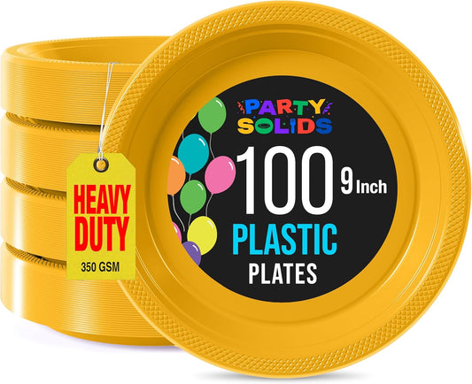 Exquisite Party Solids Yellow Plastic Plates For Party 9" Yellow Disposable Plates Heavy Duty 100 Pcs Plastic Dinnerware Sets Heavy Duty 350 GSM Disposable Dinnerware Set