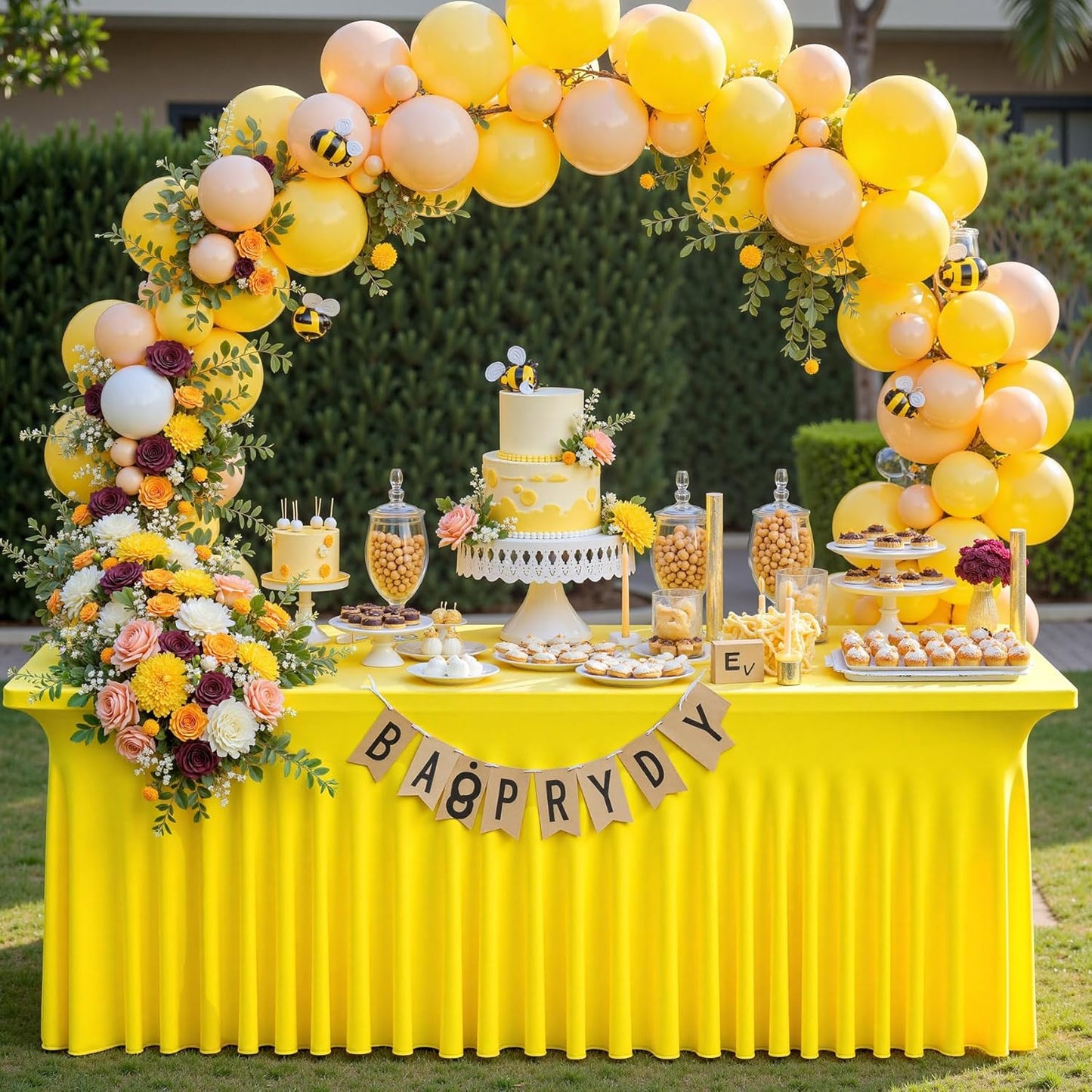 4 Pack Yellow Spandex Tablecloths for 8 Foot Rectangle Tables, Wrinkle Free Lemon Fitted Tablecover 8ft Stretchy Table Clothes with Skirt for Weddings Birthday Party Banquet Baby Shower