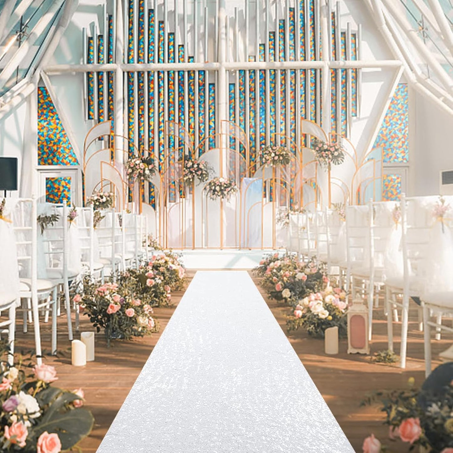 PartyDelight White Carpet Runner for Party 2.6FTx15FT Sequin Wedding Aisle Runner Sparkly Rug for Prom Ceremony Indoor Outdoor Engagement Decoration