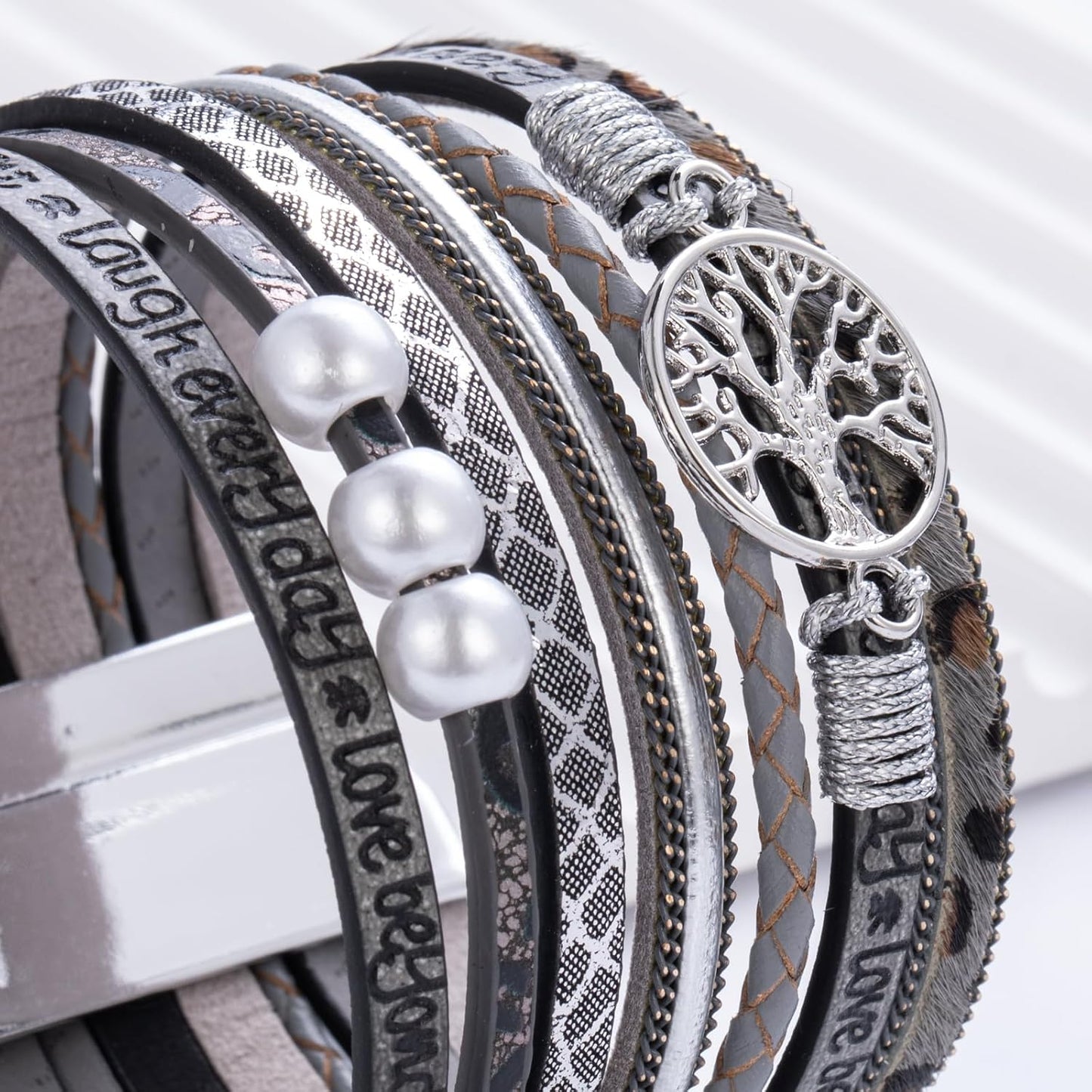 FANCY SHINY Tree of Life Leather Wrap Bracelet Inspirational Cuff Bangles Boho Pearl Bracelets with Magnetic Clasp Unique Jewelry Gifts for Women