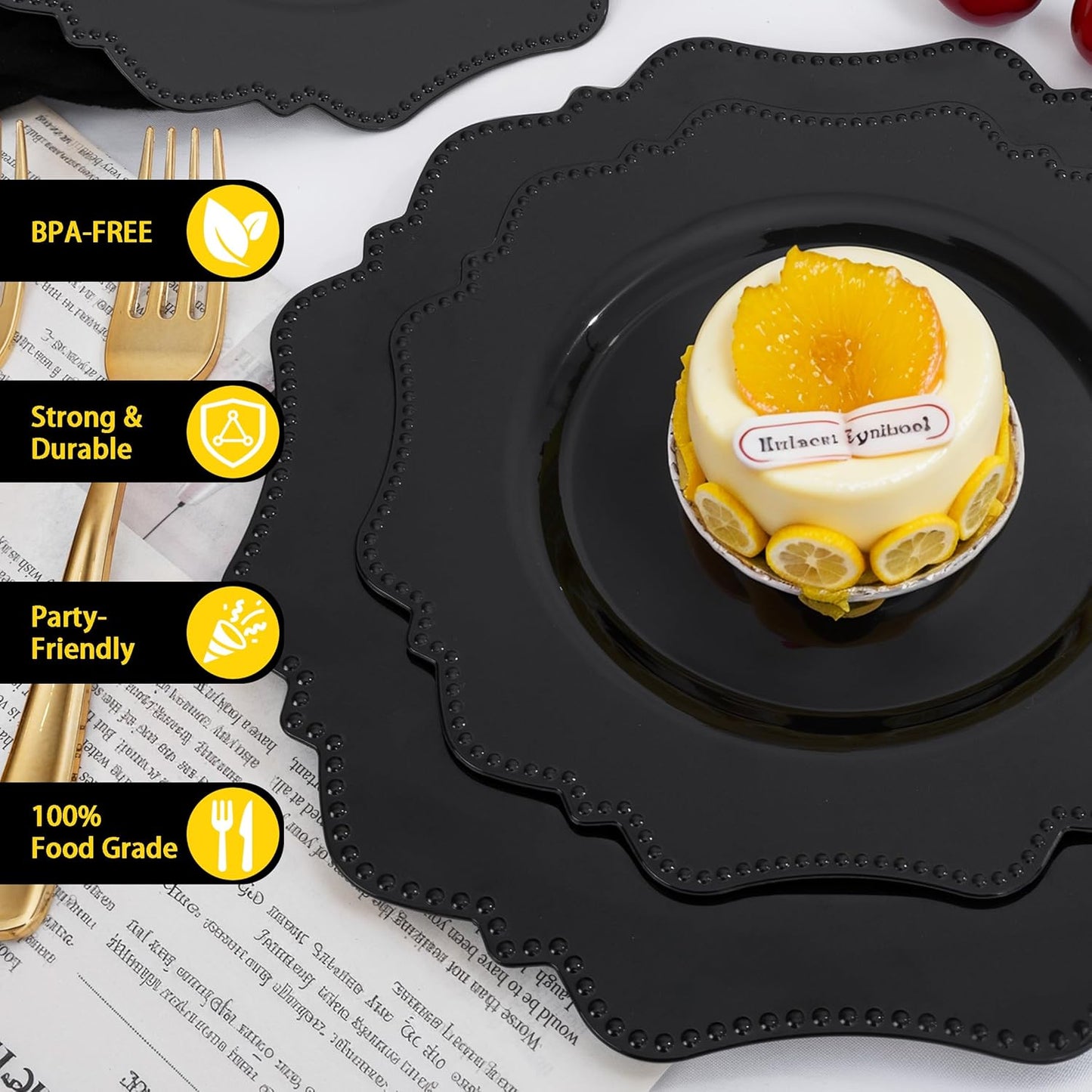 COLOSUS 100pcs Black Plastic Plates - Heavy Duty Black Plastic Plates Disposable for Party/wedding Include 50pcs Dinner Plates and 50pcs Dessert Plates.