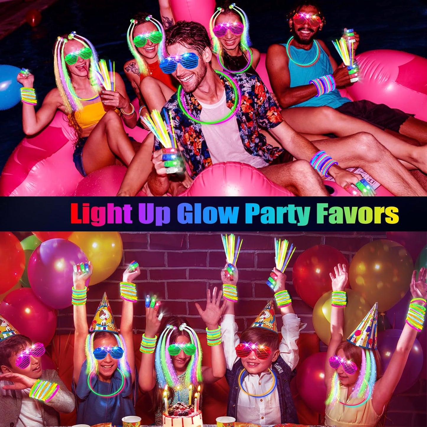 158 PCS Glow in the Dark Party Supplies, 14PCS LED Glasses, 30LED Finger Lights, 14LED Light Hairs and 100PCS Glow Sticks Bracelets, Neon Party Favors for New Year, Wedding,Concert, Birthday