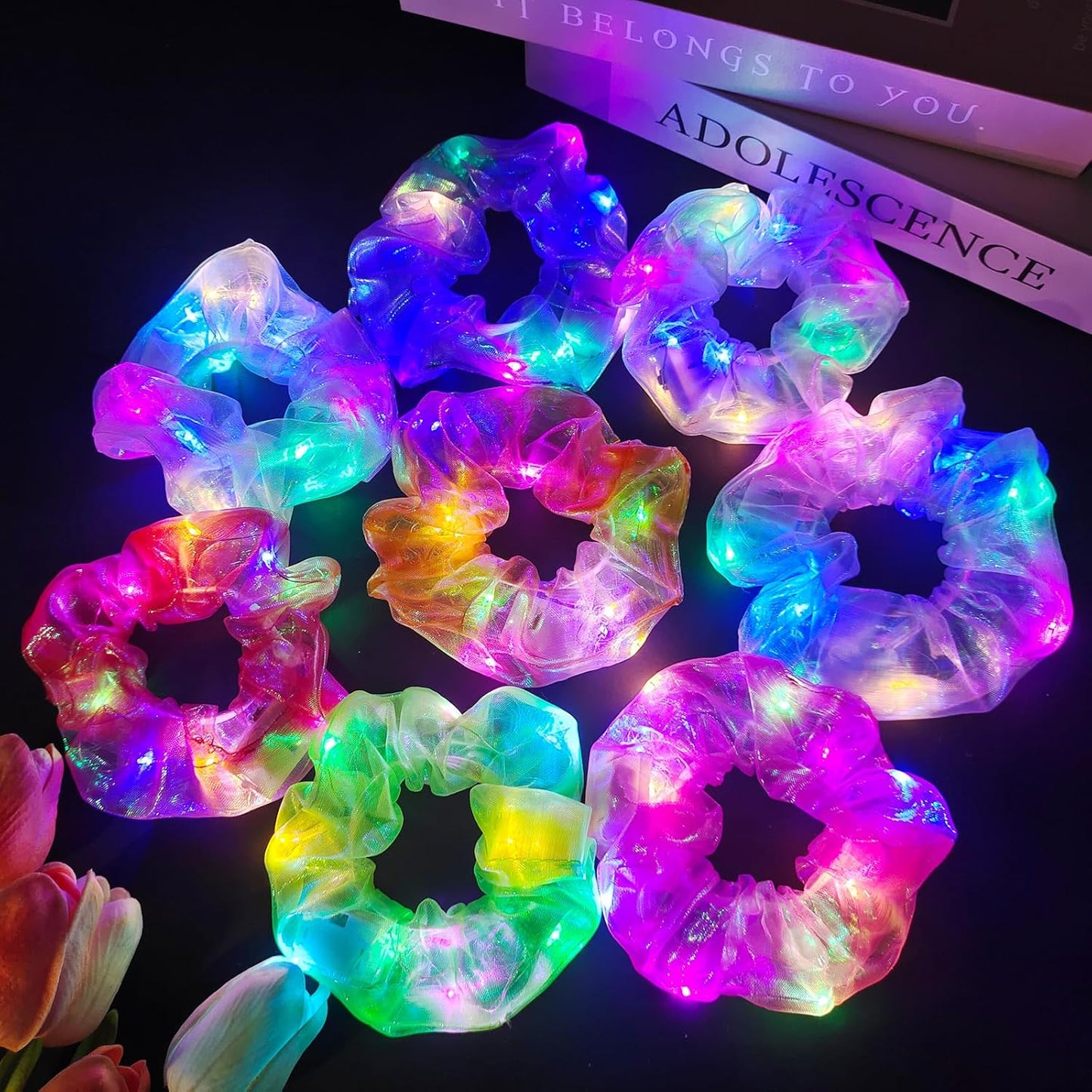 8 Pcs Light Up Mermaid Scrunchies, LED Hair Scrunchy for Girl & Women, Multi Light Modes, Glow in the Dark Accessories for Rave Neon Slumber Party