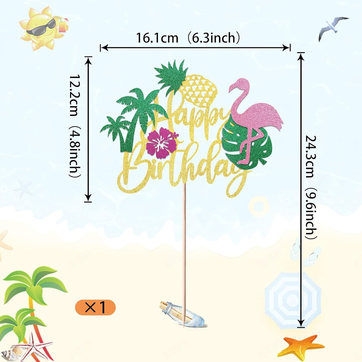 1 Pack Happy Birthday Cake Topper Tropical Hawaiian Luau Cake Pick Glitter Flamingo Plam Leave Pineapple Cake Decoration for Summer Baby Shower Birthday Party Supplies