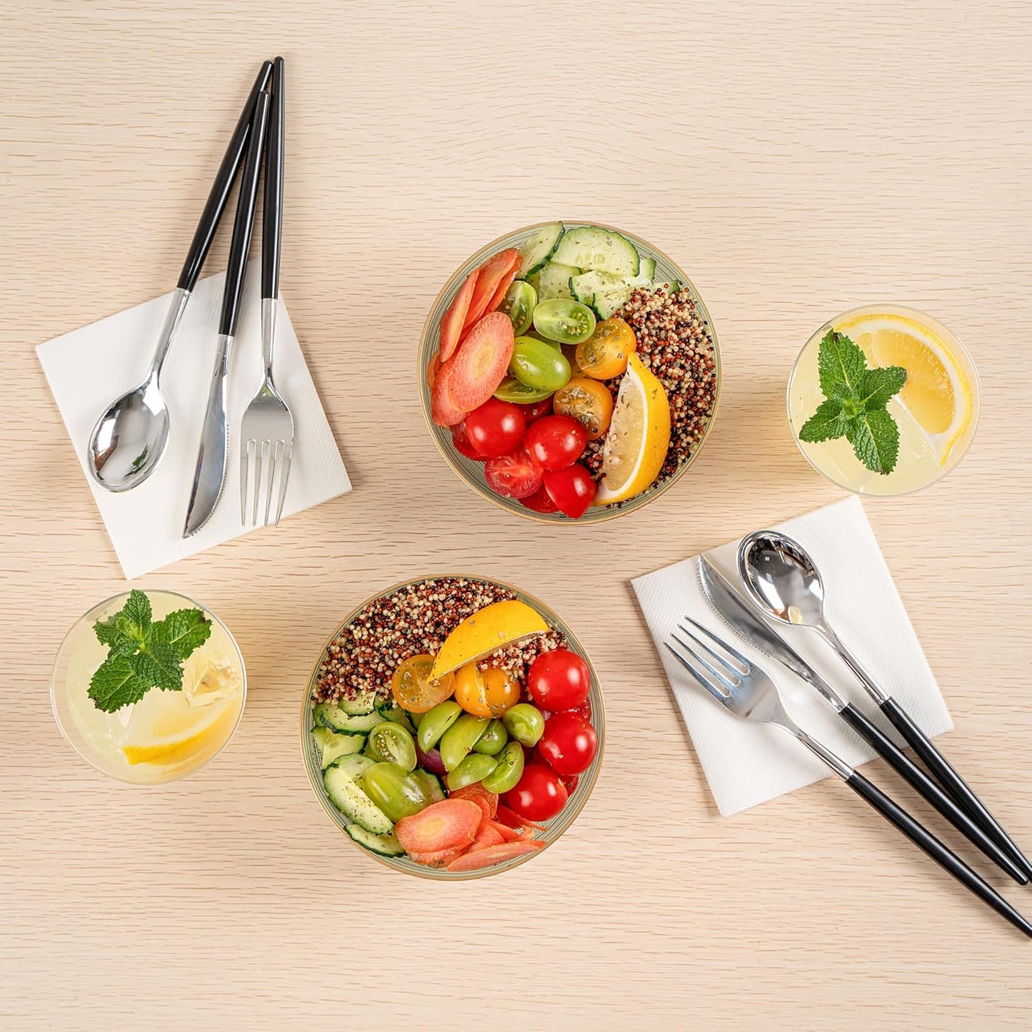 Restaurantware Plastic Bowls 20 Pcs 16 oz Gold Rimmed Disposable Soup Bowls Heavy-Duty Green Translucent Rippled Dinnerware Containers for Party, Desserts, Salads, Snacks, and Catering