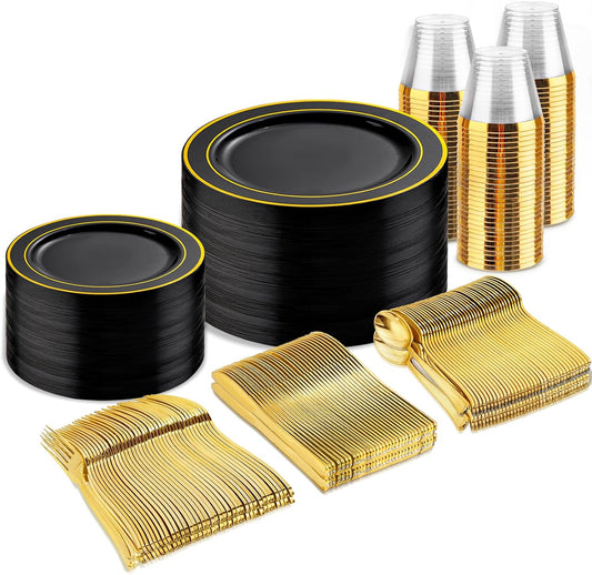 bUCLA 300PCS Black and Gold Disposable Dinnerware Set - 50 Guests Black Plastic Plates with Gold Rim Include 50 Dinner / 50 Dessert Plates, 50 Forks,50 Knives,50 Spoons&50 Cups for Party&New Year