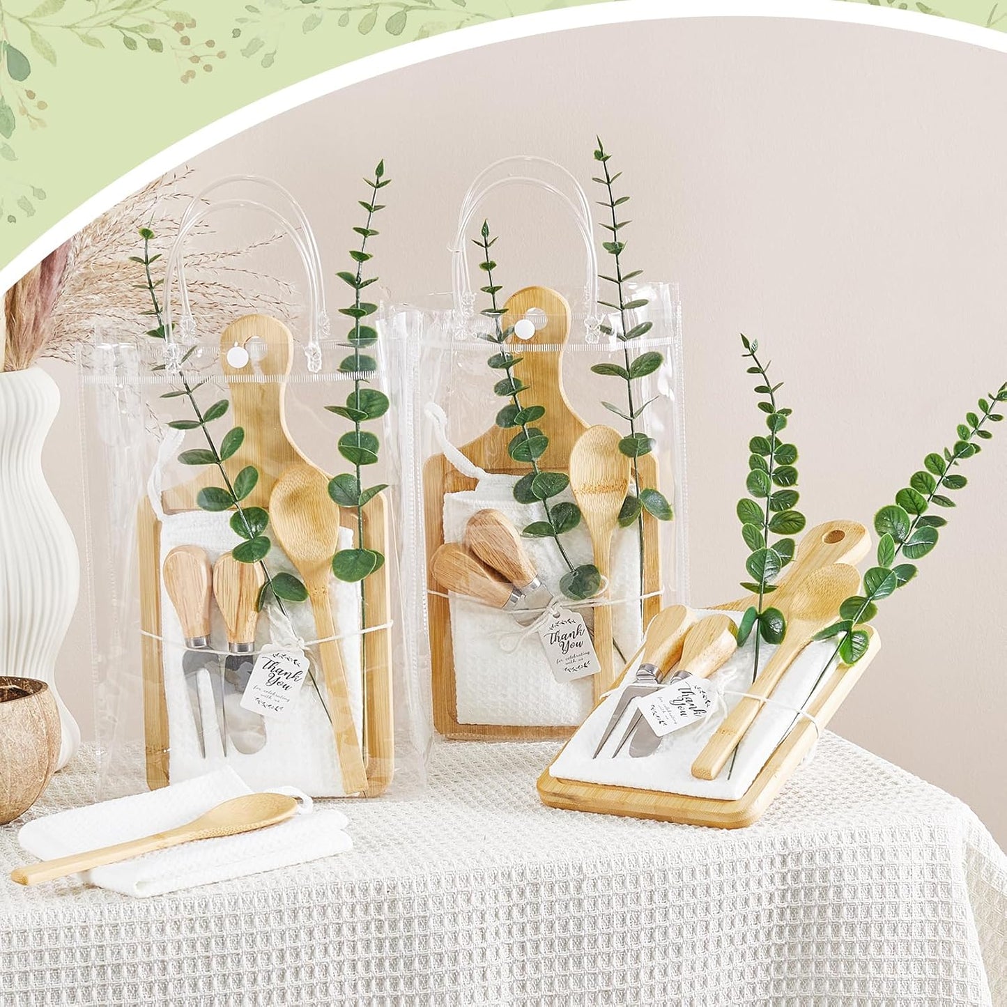 Baby Shower Prizes for Game Winners Bamboo Cheese Board Spoon Fork Butter Spreaders Plaid Towel Thank You Card and Gift Bags for Baby Shower Wedding Bridal Shower Favors (Bamboo, 4 Sets)