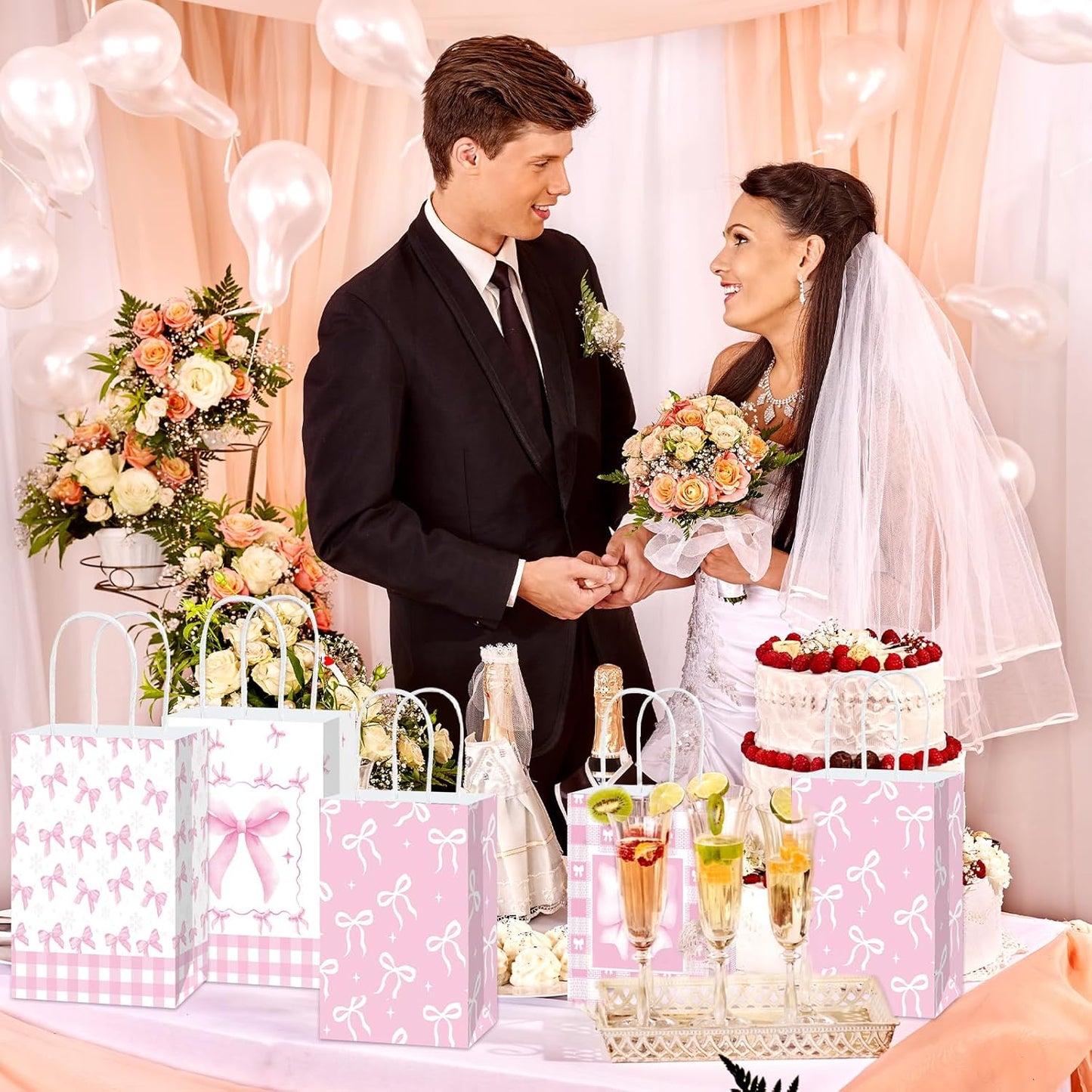 12 Pcs Pink Ribbon Bow Gift Bags with Handles, Plaid Kraft Paper Bags for Coquette-Style Birthday Party Favors, Baby Shower, Wedding, Girls Tea Party, Cute Pink Goodie Bag Bulk for Treats and Gifts