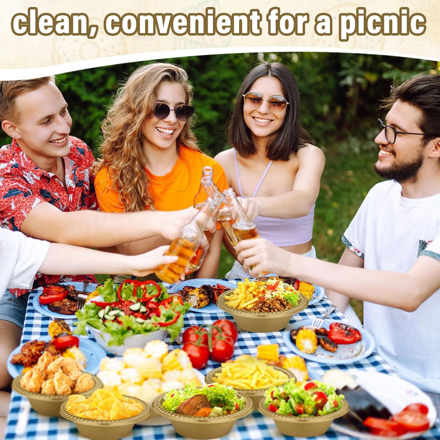 Lallisa 100 Pcs 12oz Gold Disposable Plastic bowls Dessert Cups Ice Cream Snack Salad Soup Food Serving Bowls for Party Favor Picnic