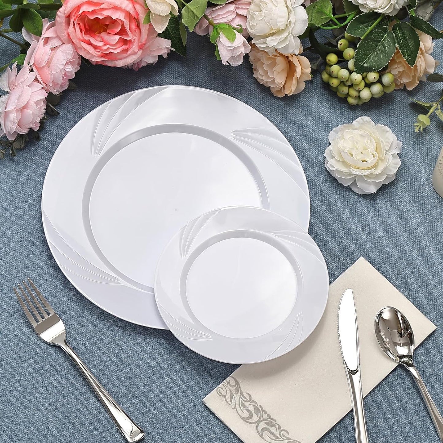 350-Piece White Swirls Plastic Dinnerware Set for 50 Guests, Elegant Disposable Dinnerware for Party, Wedding. Includes 10.25" Dinner Plates, 6.5" Dessert Plates, Silverware, Napkins, Cups