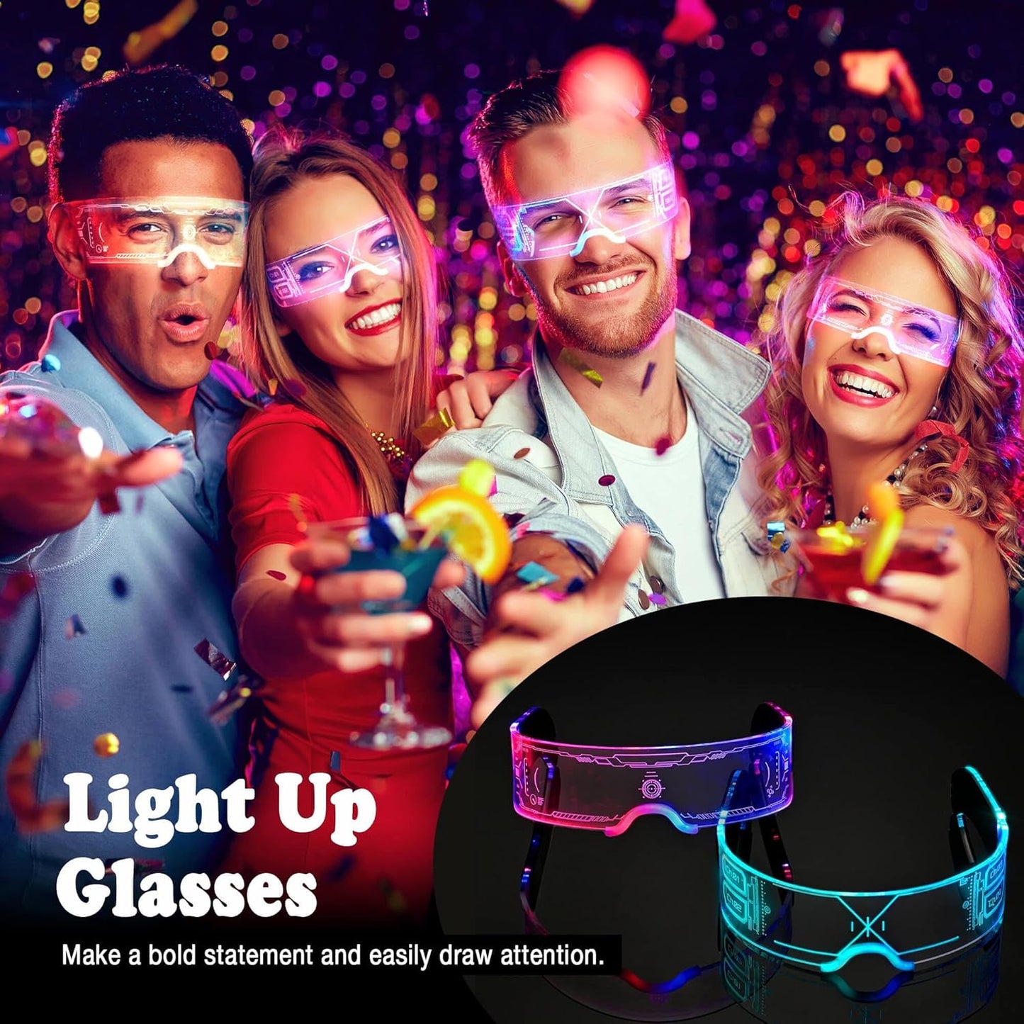 2 Pairs LED Light Up Glasses For Holiday Party LED Glasses For Adult Futuristic Sunglasses Cosplay Costume Festival Accessories Multi Color Neon Glasses,Gifts(Fashion Glasses)