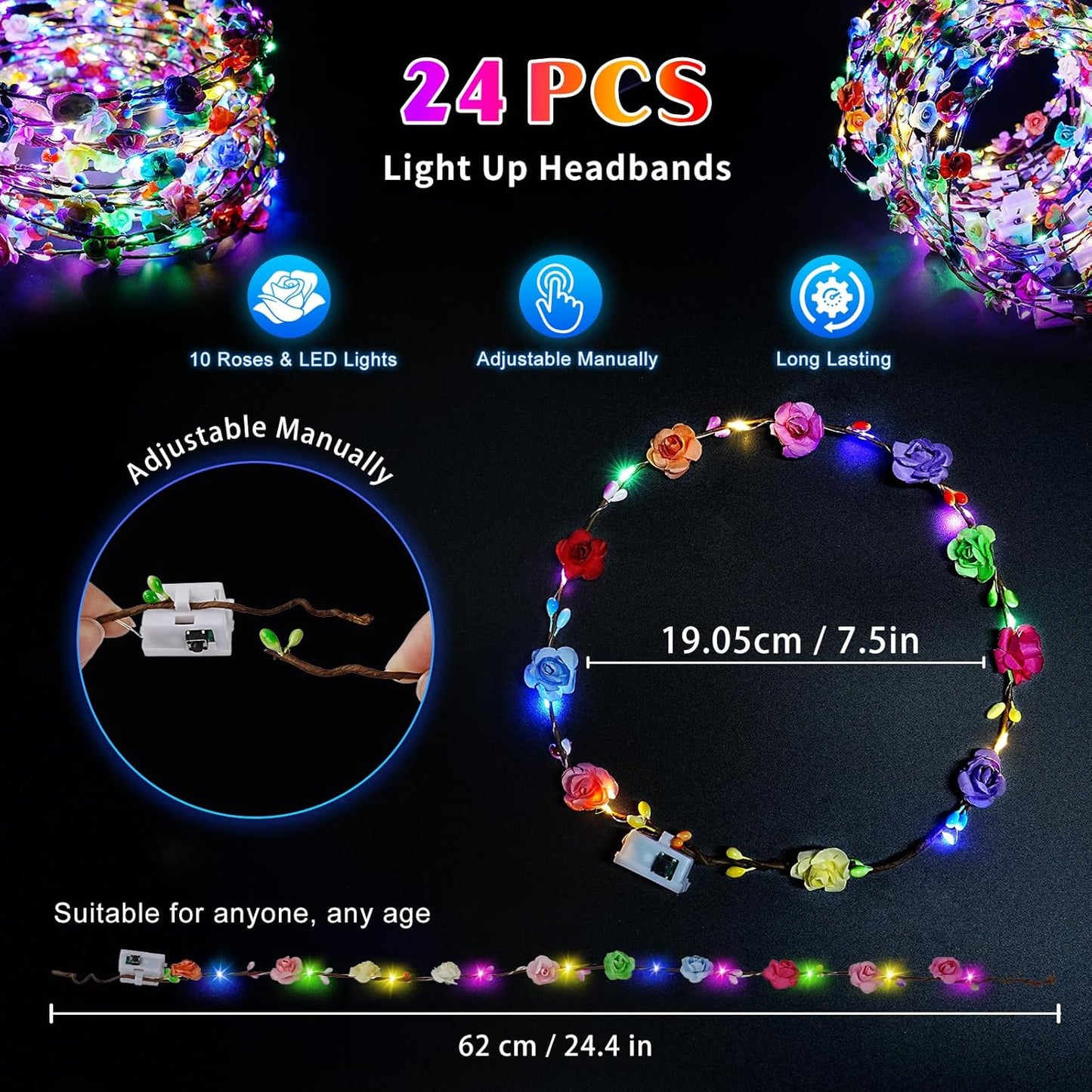 24 PCS LED Flower Crowns Headbands, Light Up Flower Crowns for Women & Girls, Glow in The Dark Flower Hairbands Wreath for Wedding Beach Party Birthday Cosplay Gifts, Halloween, Christmas