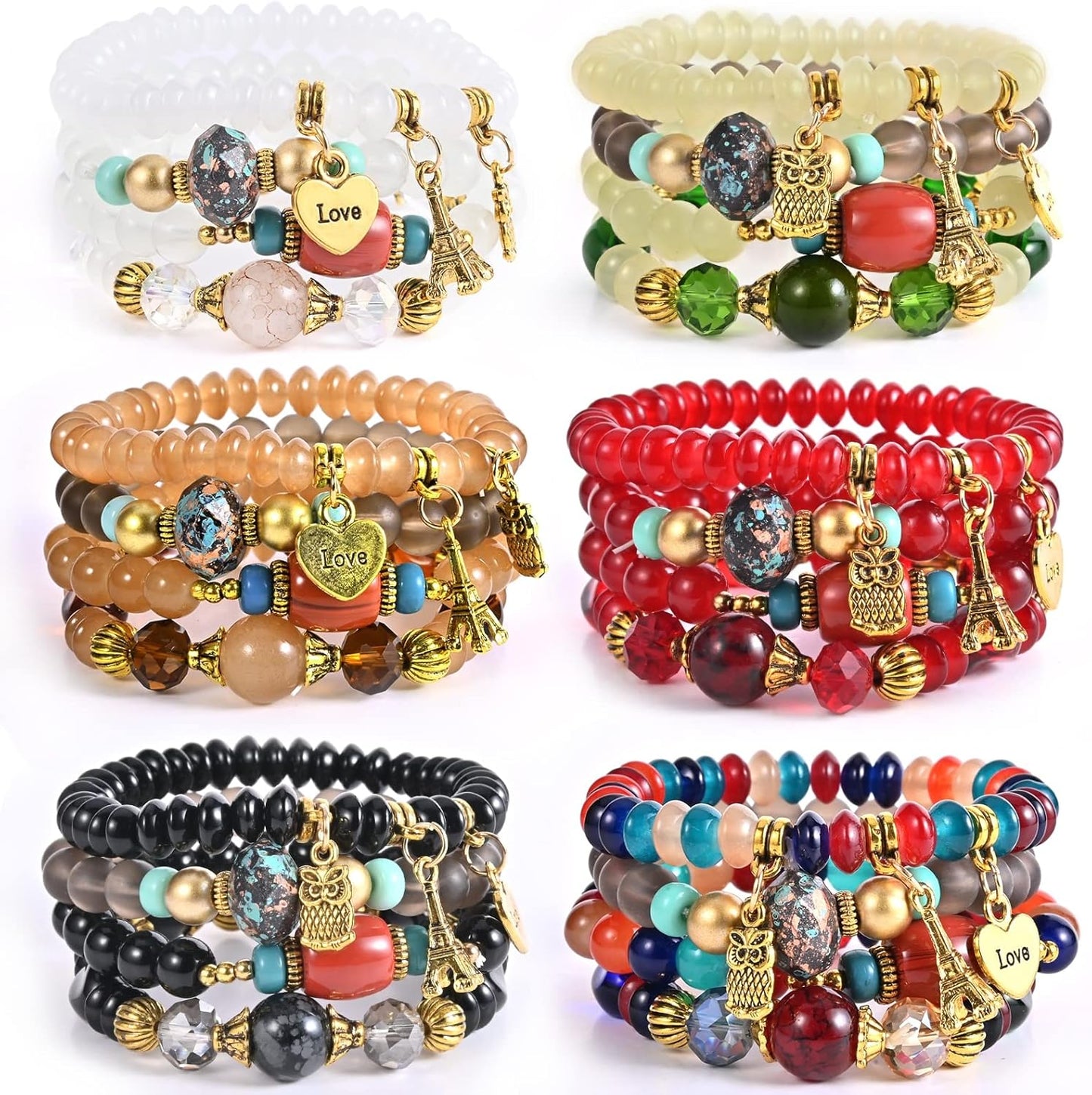 Bohemian Bracelet Sets for Women - 6 Sets Stackable Stretch Bracelets Multi-color Boho Jewelry for Women Hippie Bracelets Dainty Jewelry