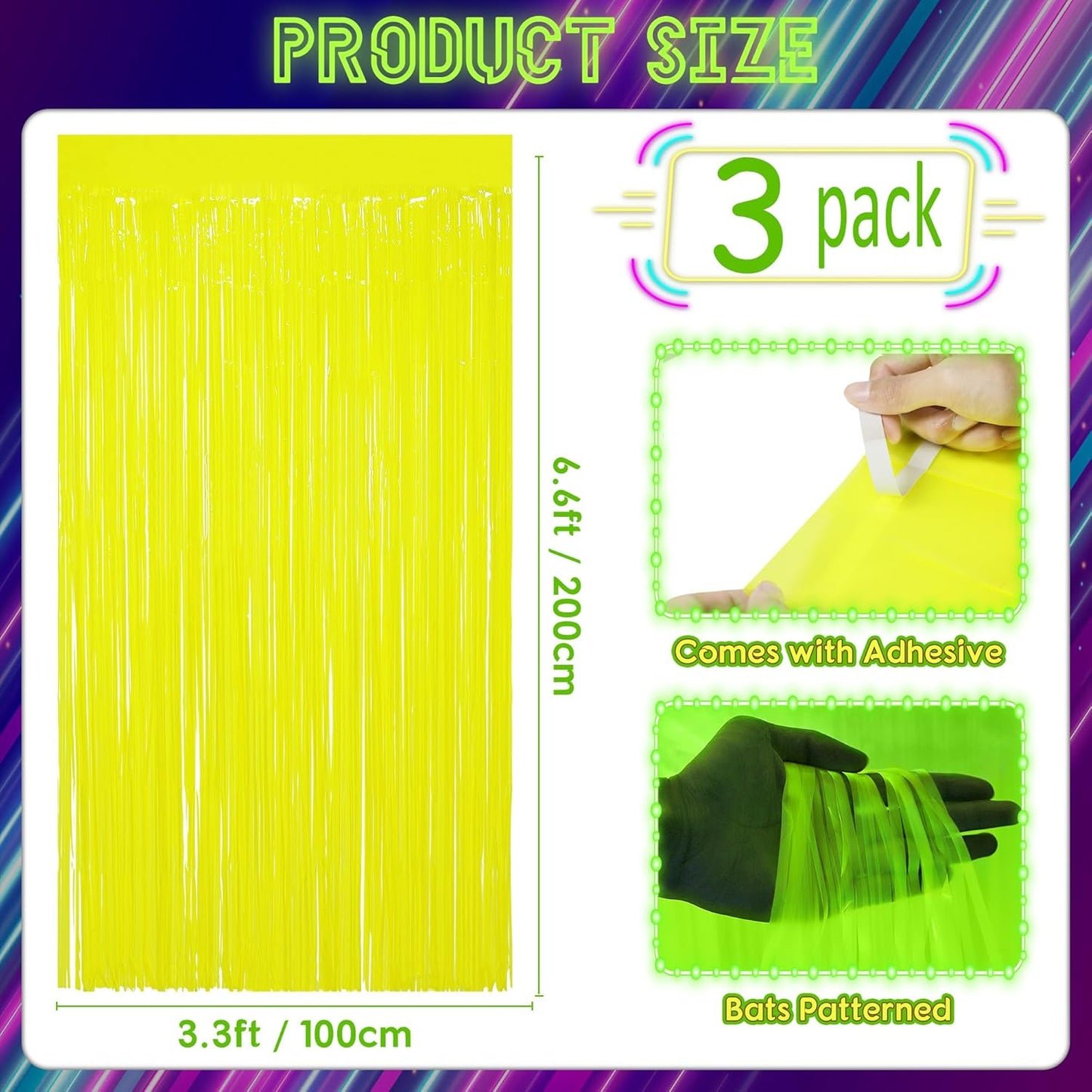 Glow in The Dark Party Supplies,3 Pack Neon Party Decorations,9.9 X 6.6 ft Fluorescent Tinsel Foil Fringe Curtains Macaron Yellow,Photo Booth Prop Backdrop Streamer for Birthday Party Streamer Decor