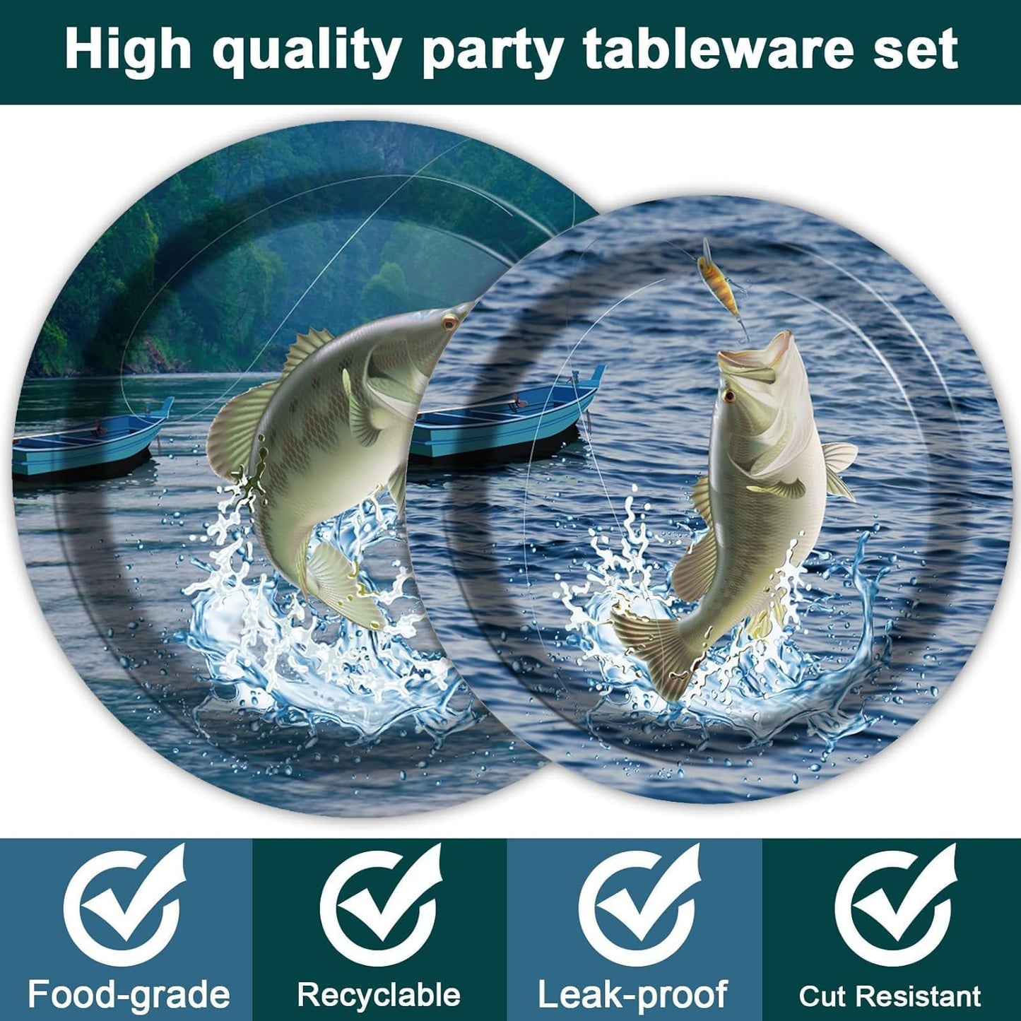 ZOIIWA 200 PCS Gone Fishing Tableware Disposable Paper Plates Napkins Fishing Tournament Birthday Party Supplies Dinnerware Set Napkins Party Decoration Serve 50 guest