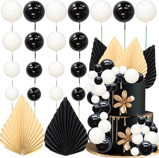 Ephlyn 28Pcs Paper Palm Fan Cake Topper Balls Cake Pick DIY Cake Decorations for Baby Shower Wedding Bridal Shower Birthday Party Supplies White Black