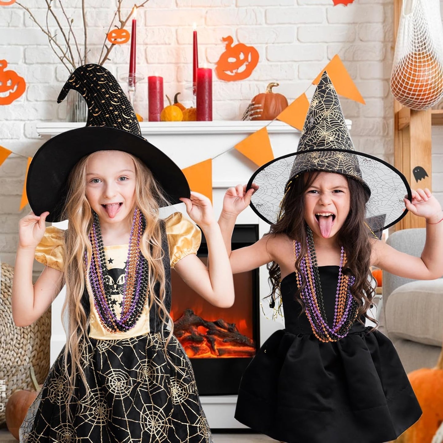 SHAOQINLIN 144PCS Halloween Bead Necklace, Purple Black Orange Bead Necklaces, 33" Metallic Beaded Party Necklaces for Halloween Parade Throws Halloween Trick or Treat Decorations