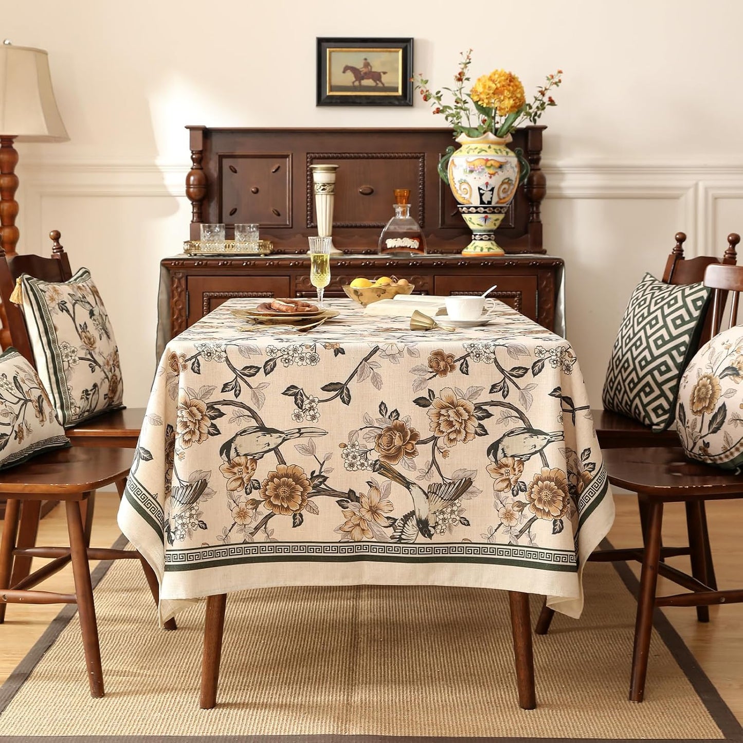 ISAENNE Designer Vintage Linen Small Square Table Cloth,Floral and Bird Pattern Tablecloths,Fall Wrinkle Resistant Home Decor Tablecloth for Dining Kitchen Party Christmas,55"*55"-Murad A