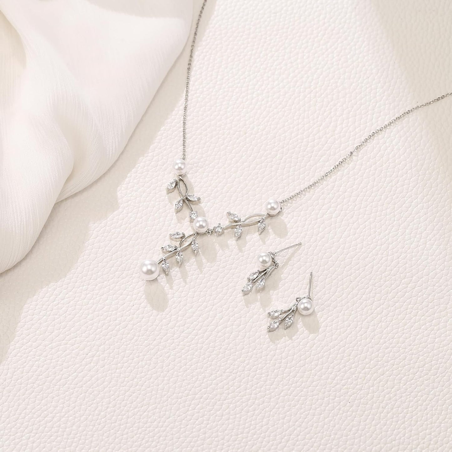 EleQueen Women's Simulated Pearl Wedding Jewelry Set, Cubic Zirconia Marquise Floral Bridal Necklace Earrings Bracelet Sets