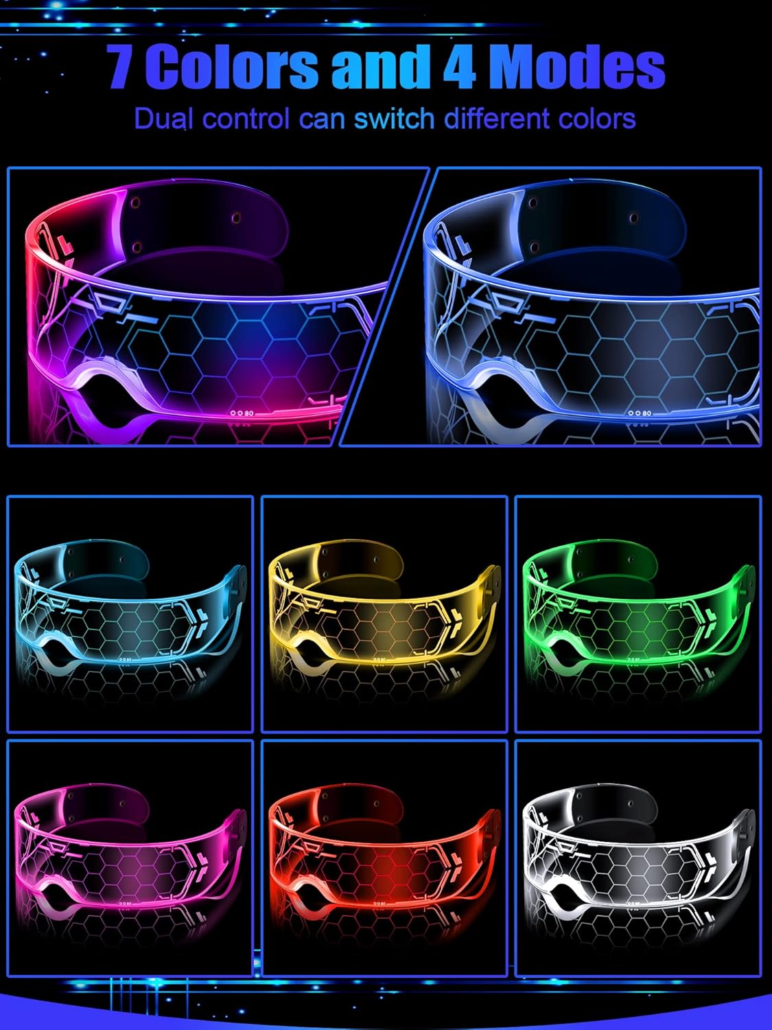 TOODOO 4 Pairs LED Visor Glasses Light up Glasses Futuristic Luminous Rave Glasses 7 Colors 4 Modes for Club Christmas Party