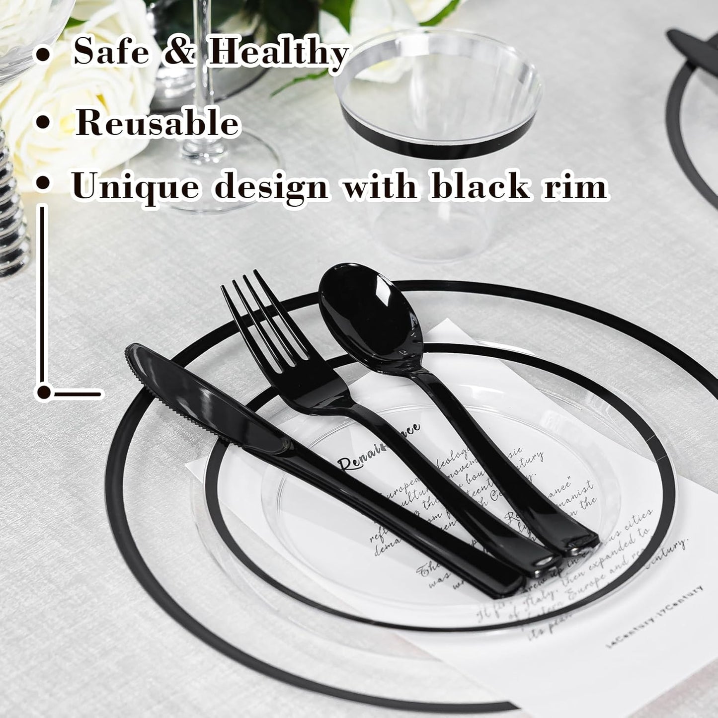 N9R 600PCS Clear and Black Disposable Plates Set, Heavy Duty Plastic Dinnerware Set for 100 Guests Includes 100 Dinner & Dessert Plates, Cups, Spoons, Forks, and Knives, Perfect for Parties, Weddings