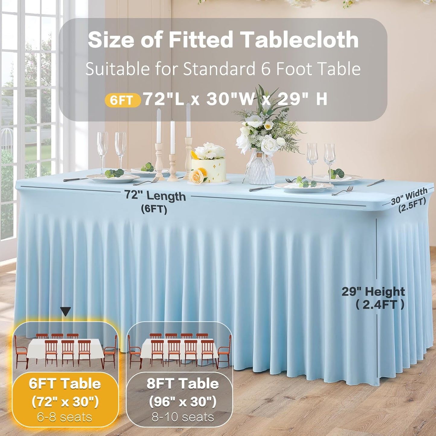 2Pack Baby Blue Spandex Table Clothes for 6 Foot Rectangle Tables, Fitted Table Cover 6ft Stretch Tablecloths Desk Skirt for Parties Weddings Birthday Banquet Baby Shower