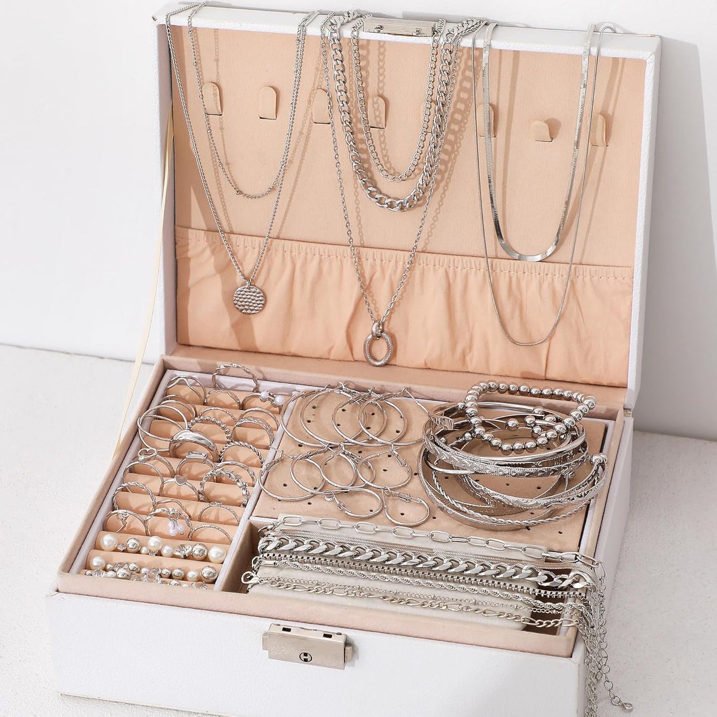 FAXHION 68 Pcs Gold Jewelry Set for Women with 7 Necklace, 17 Bracelet, 5 Hoop Earrings, 15 Stud Earrings, 24 Knuckle Rings for Women Jewelry Set for Women