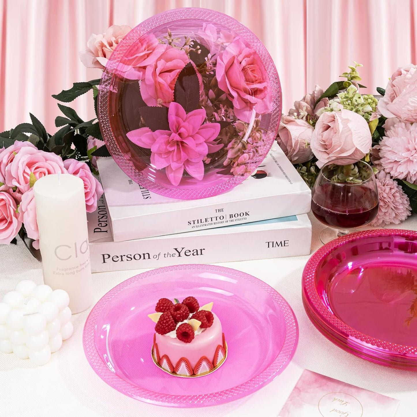 WELLIFE Neon Pink Party Plates 7 Inch -150 Count, Translucent Pink Plastic Disposable Dessert Neon Plates for Fluorescent Neon Theme Party Cake Salad Appetizers Easter Baby Shower Mother's Day