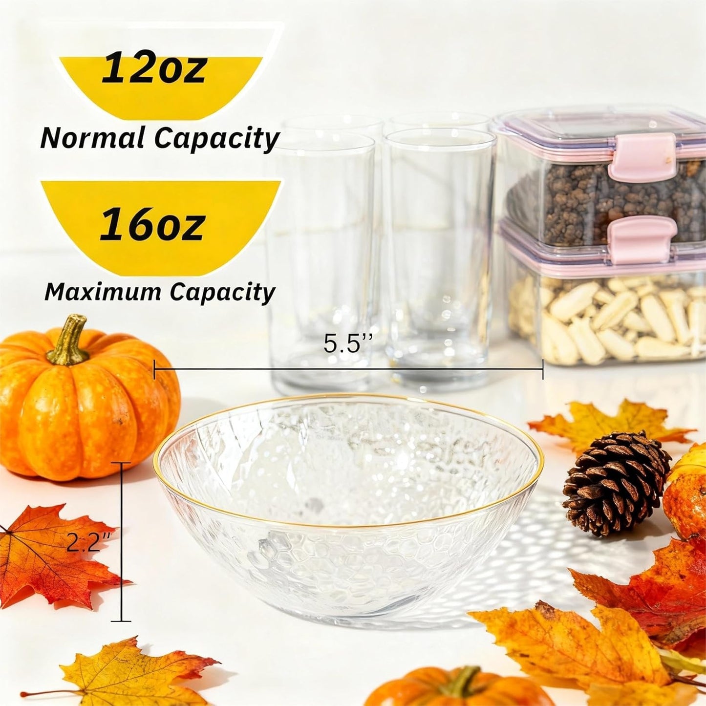 I00000 20 Pack 12 Ounce Clear Plastic Bowls Hammered Gold Rimmed Crystal Like, Heavy duty Disposable Bowl Set,Elegant Soup/Salad/Dessert/Ice Cream Bowls For Thanksgiving Party, Weddings, Catering