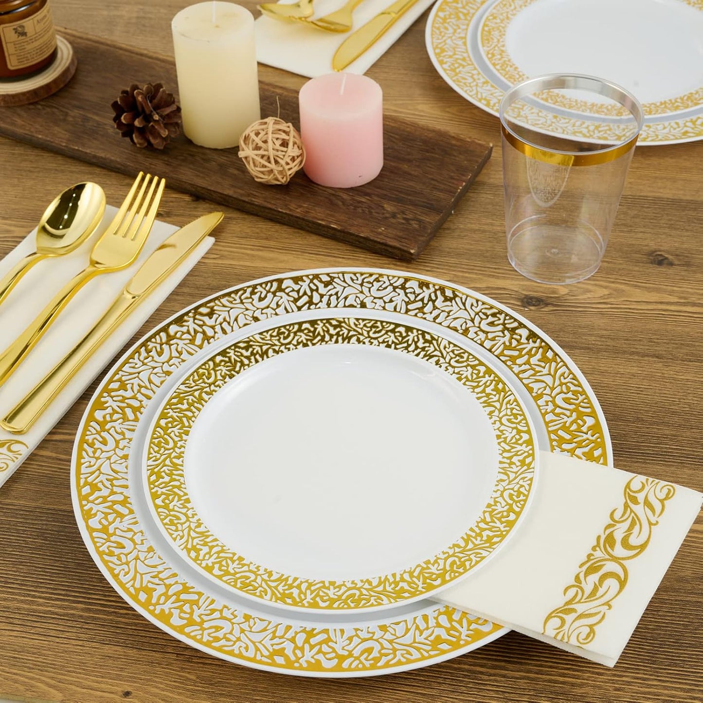 FOCUSLINE 175 Ct Gold Dinnerware Set for 25 Guests, Plastic Plates with Gold Lace Rim Design, Including 25 Disposable Dinner & Dessert Plates, Cups, Napkins, Cutlery Set