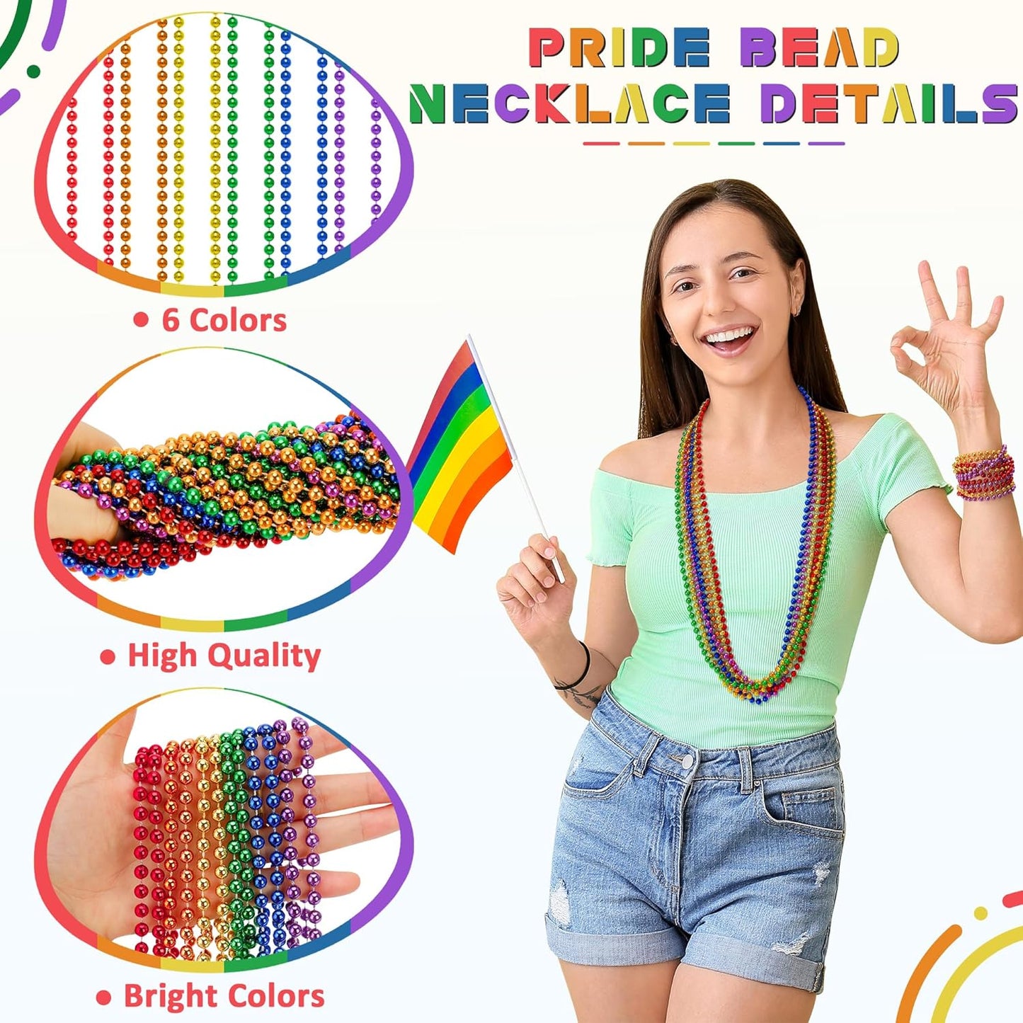 12PCS Pride Accessories, Pride LGBTQ Beads Necklace Stuff, Metallic 6 Kinds of Rainbow Necklace Bulk, Gay Lesbian LGBT Costumes Decorations for Pride Month Parade Throws Party Favors