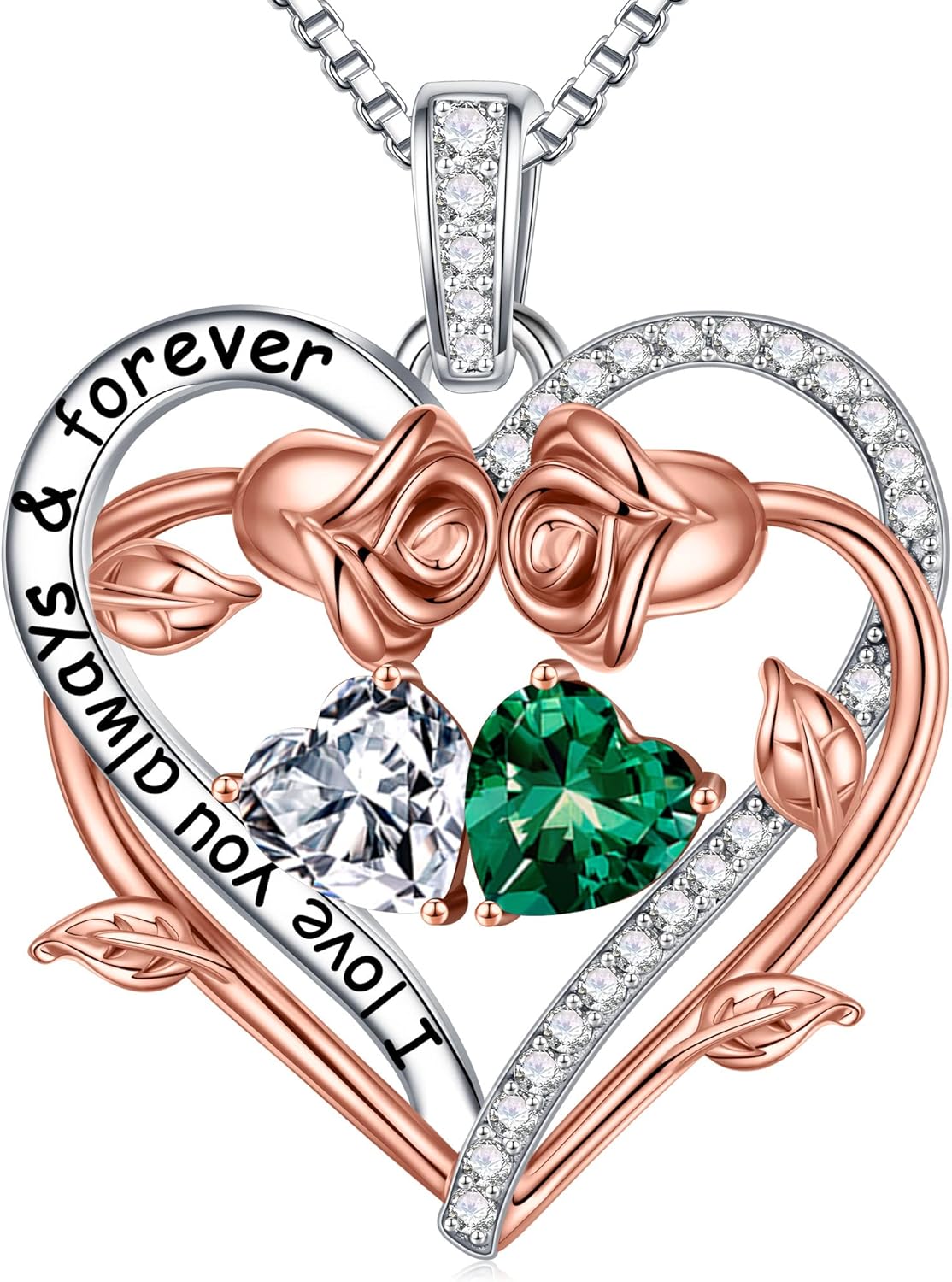 Iefil Rose Heart Double Birthstone Necklace Gifts for Wife Her Mom Women, Birthstone Jewelry Gemstone Birthday Gifts for Girlfriend Grandma Her Wife Women