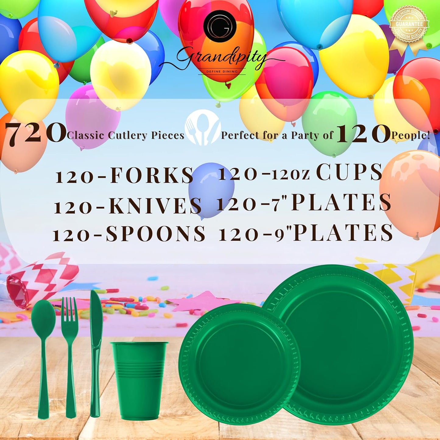 Grandipity 720 Piece Green Disposable Dinnerware Set, Plastic Dinnerware Set Includes 120 Count 9' Dinner Plates, 7' Dessert Plates, 12oz Cups, Forks, Knives & Spoons