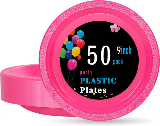 WELLIFE 9 Inch Plastic Plates Hot Pink 50 Count Disposable Plate for Party, Dessert Plates for Dinner Cake Salad Supplies Birthday