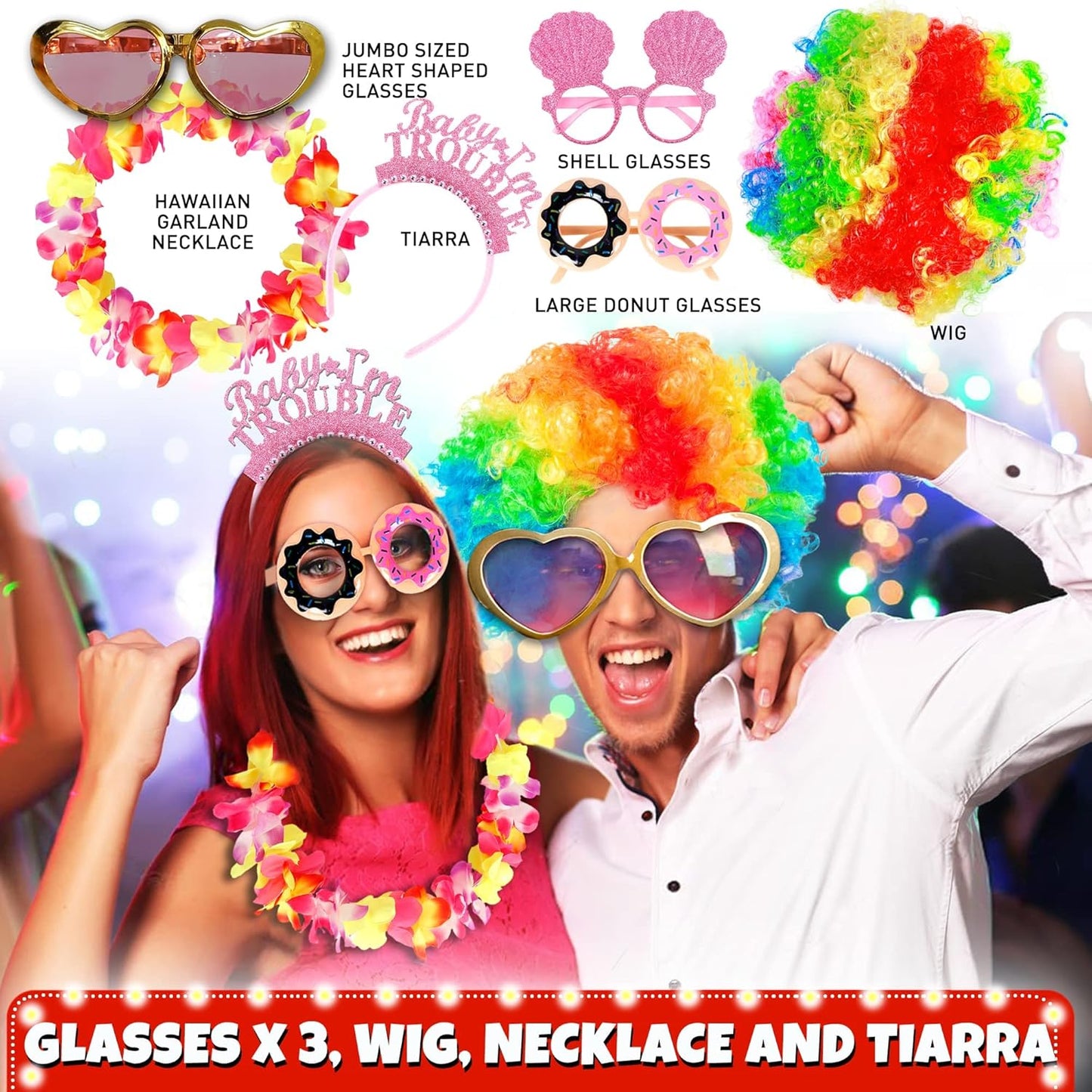 SOUL SHIFT 70 Pc Large Premium Photo Booth Props Set for All Occasions - Wedding Props, Birthday Props, Graduation Prop, Inflatables, Large Glasses, Multi-Colored Wig, Hawaiian Lei, Hand Pump