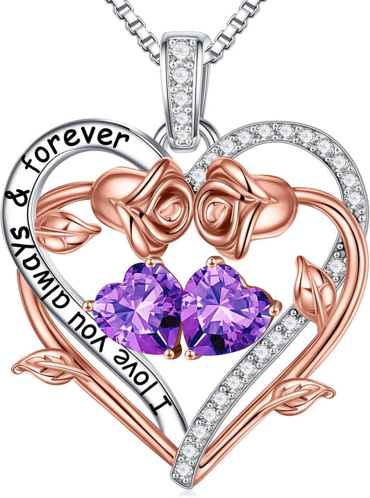 Iefil Rose Heart Double Birthstone Necklace Gifts for Wife Her Mom Women, Birthstone Jewelry Gemstone Birthday Gifts for Girlfriend Grandma Her Wife Women