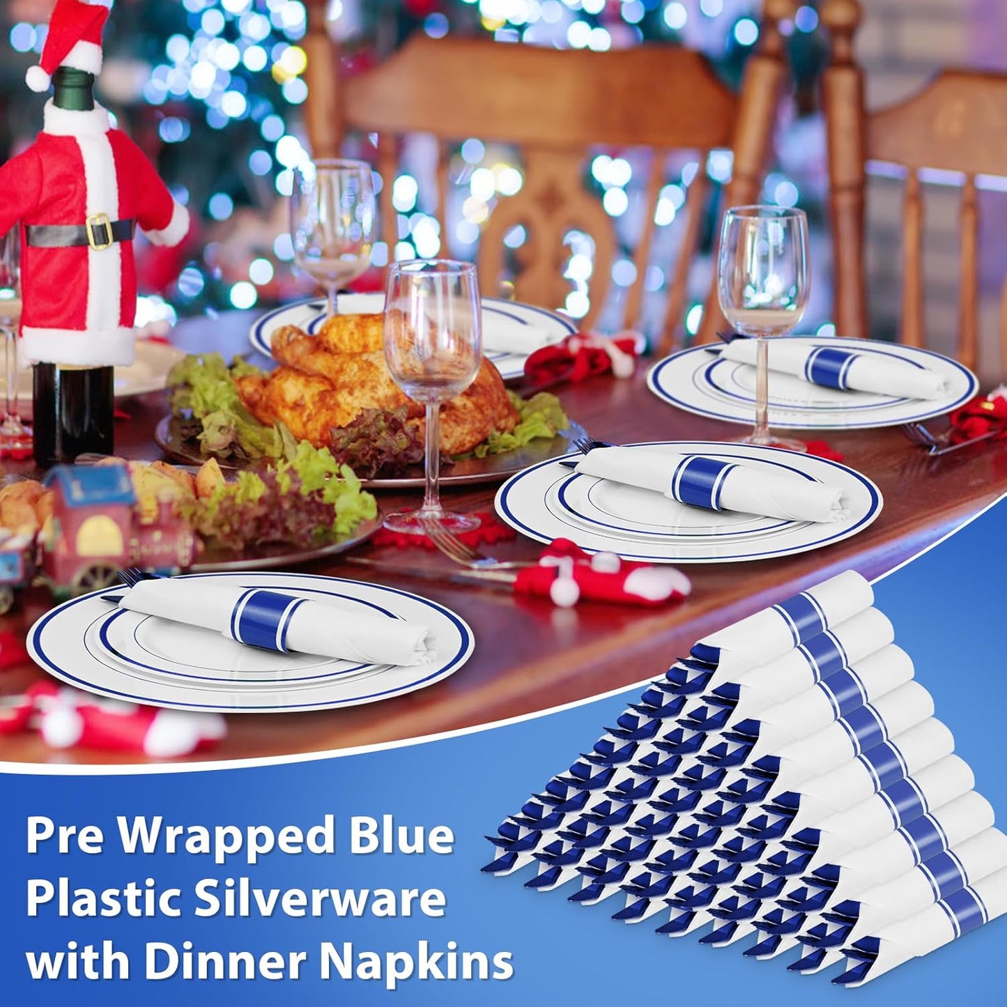 30Pack Blue Pre Rolled Plastic Silverware - Wrapped Blue Disposable Cutlery with Napkins, Heavy Duty Rolled Plastic Silverware Set, Disposable Utensils with Dinner Napkins for Party