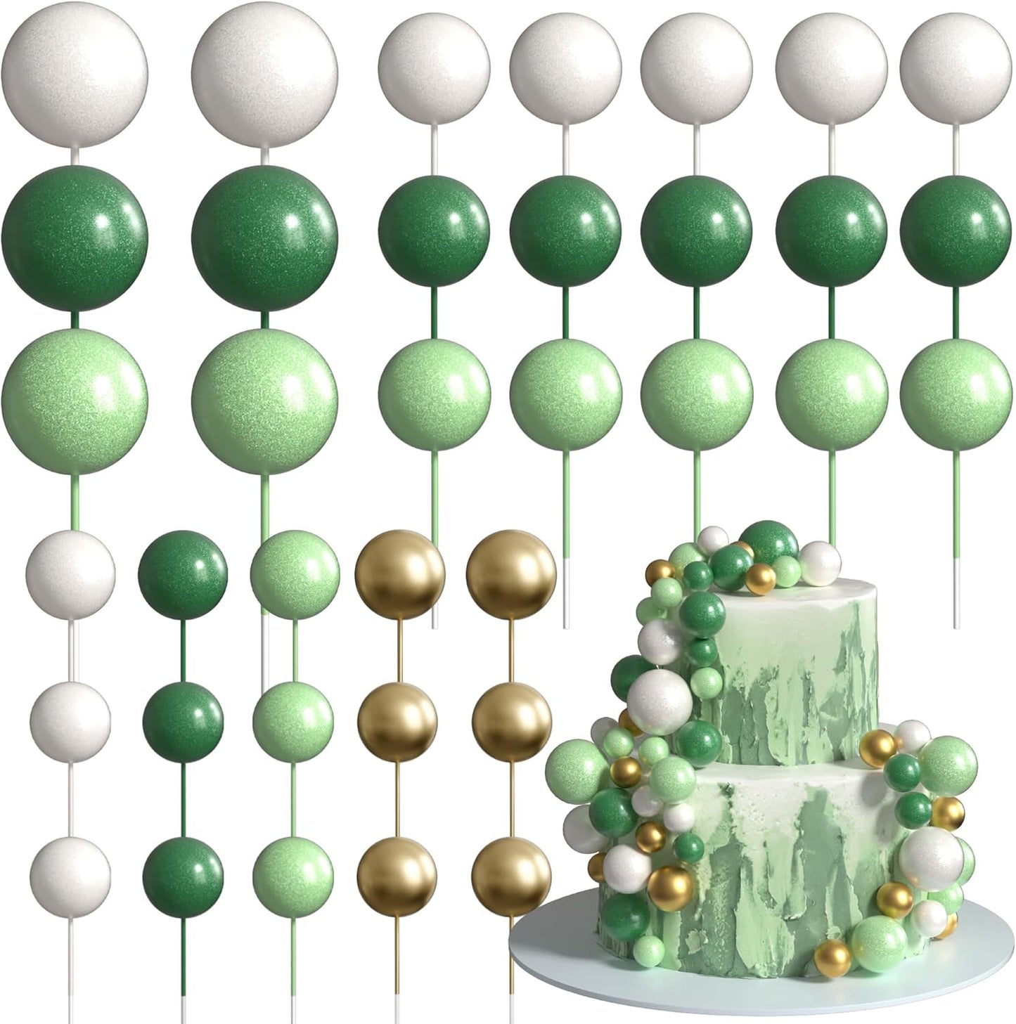 36 Pack Balls Cake Topper Decorations Foam Balloons Cake Decorations Mini Balloons Cake Toppers Balls Cake Picks for Baby Shower Wedding Anniversary Birthday Party Decorations Light Green White Gold