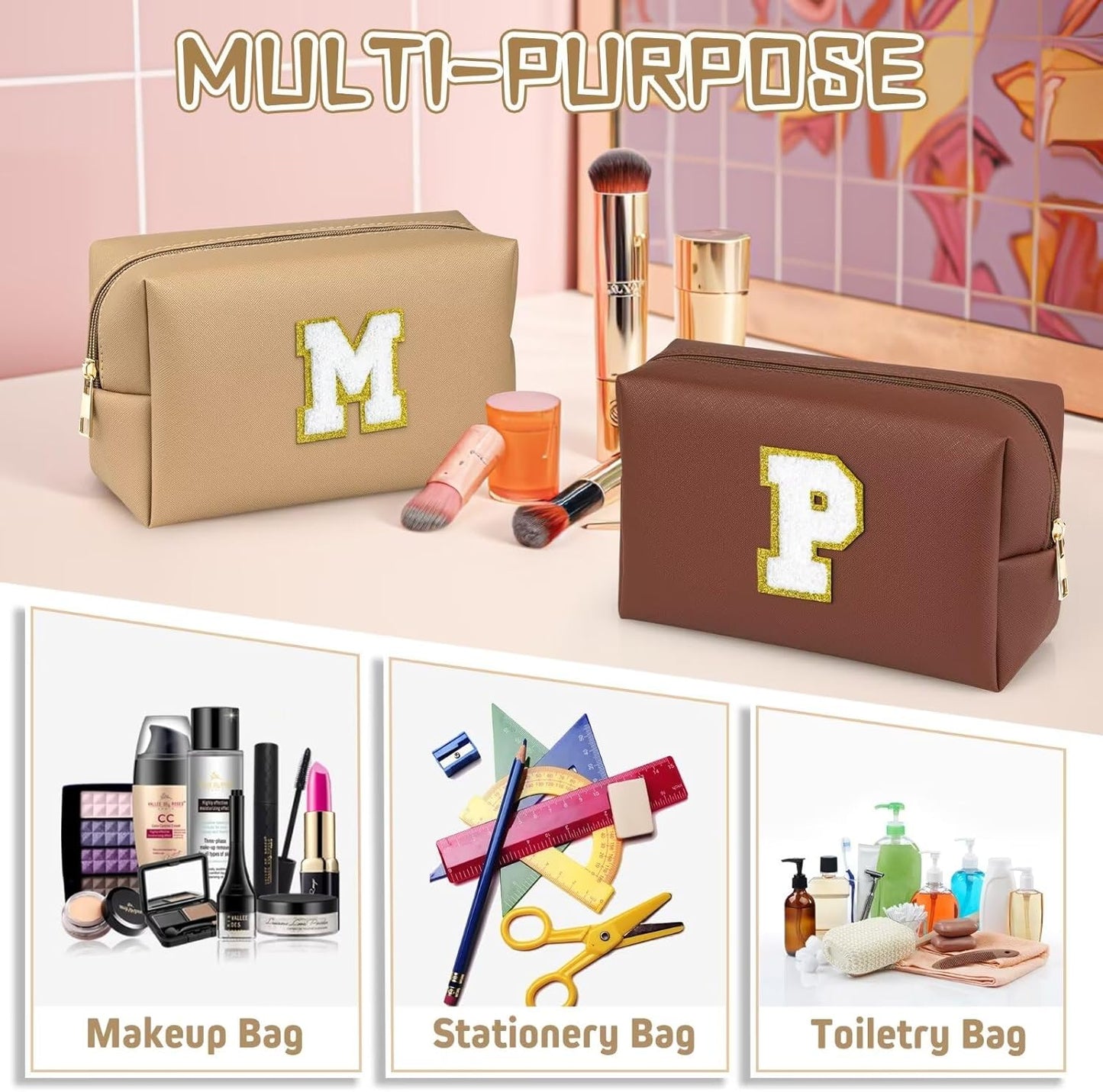 TOPEAST Monogrammed Gifts for Women, Preppy Makeup Bag Small Cosmetic Bag Travel Toiletry Bag, Personalized Birthday Gift for Girl, Wedding Bridal Shower Gifts for Bridesmaids (Khaki M)