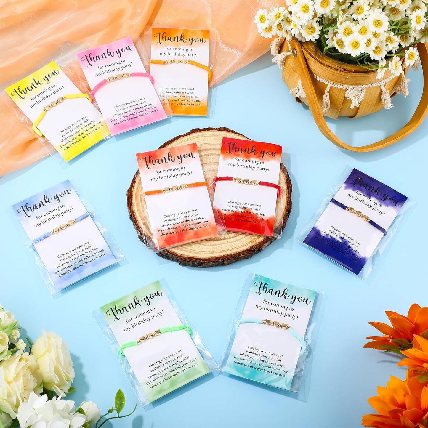 Birthday Party Favor Bracelets Beaded Rainbow Clay Heart Bracelet with Thank You Wish Gift Card for Kids Girls Birthday Party Supplies Bags Suffer with Different Themes