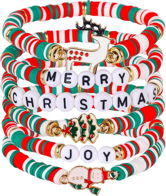 Go Ho Red White Green Christmas Bracelets 6 Pack for Women Teens,Candy-Style Stacks Set with Joy & Merry Charm Christmas Accessories,Perfect Holiday Gifts for Girls