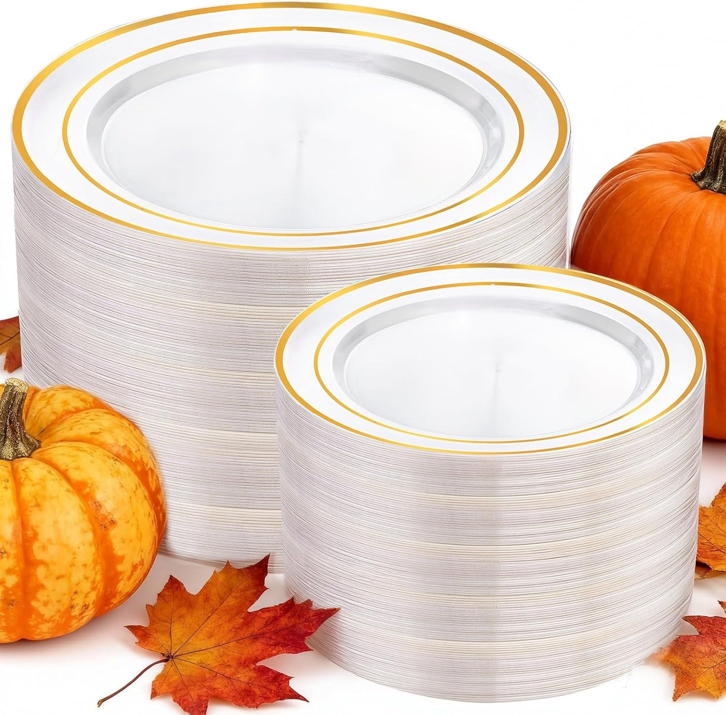 I00000 200 Pcs Clear Gold Plastic Plates - Disposable Party Plates, Gold Plate Disposable Include 100 Dinner Plate and 100 Dessert Plate, Plastic Plate for Party, Holiday, Wedding & Birthday