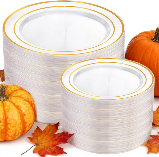I00000 200 Pcs Clear Gold Plastic Plates - Disposable Party Plates, Gold Plate Disposable Include 100 Dinner Plate and 100 Dessert Plate, Plastic Plate for Party, Holiday, Wedding & Birthday
